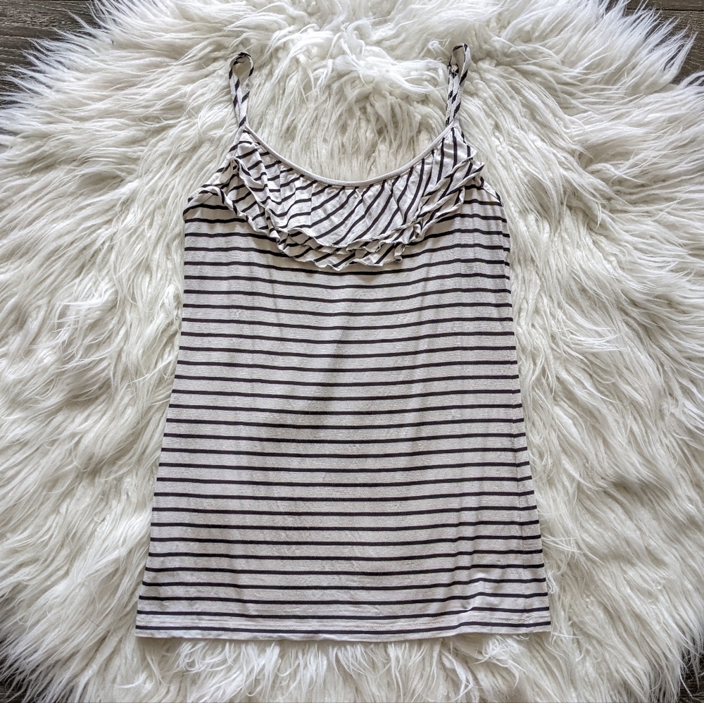 Loft Ann Taylor Ivory & Black Stripe Ruffle Spaghetti Strap Tank Size Medium